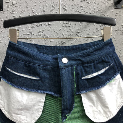 Two-color stitching denim shorts women summer high waist patch pocket short pant