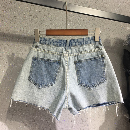 Stitching denim shorts women reverse short pant high waist