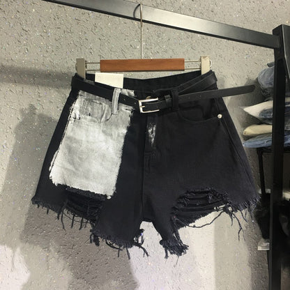 Pocket Spray Paint Denim Shorts Women Loose Ripped Raw Edge Wide Leg Pants