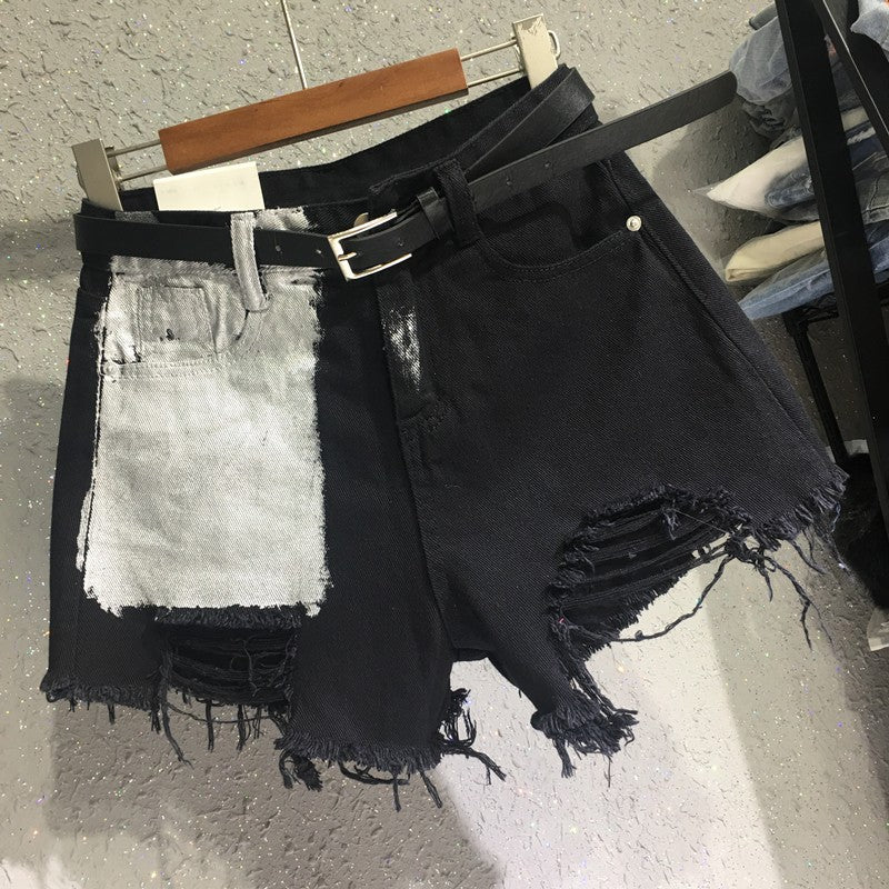 Pocket Spray Paint Denim Shorts Women Loose Ripped Raw Edge Wide Leg Pants