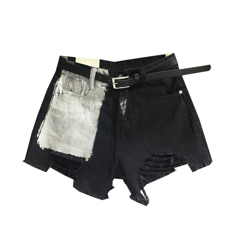 Pocket Spray Paint Denim Shorts Women Loose Ripped Raw Edge Wide Leg Pants