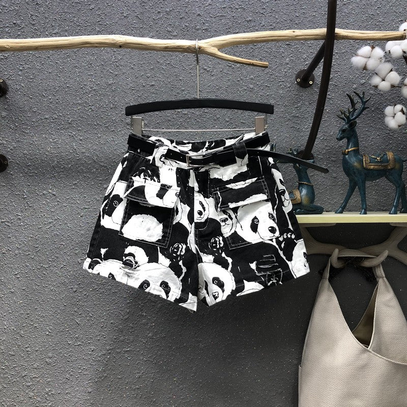 Panda print casual denim shorts women high waist patch pocket pants