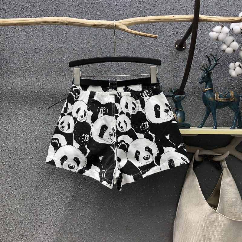 Panda print casual denim shorts women high waist patch pocket pants