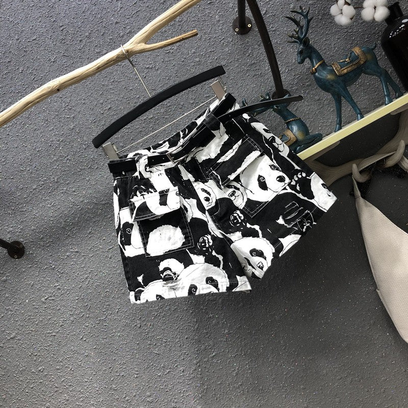 Panda print casual denim shorts women high waist patch pocket pants