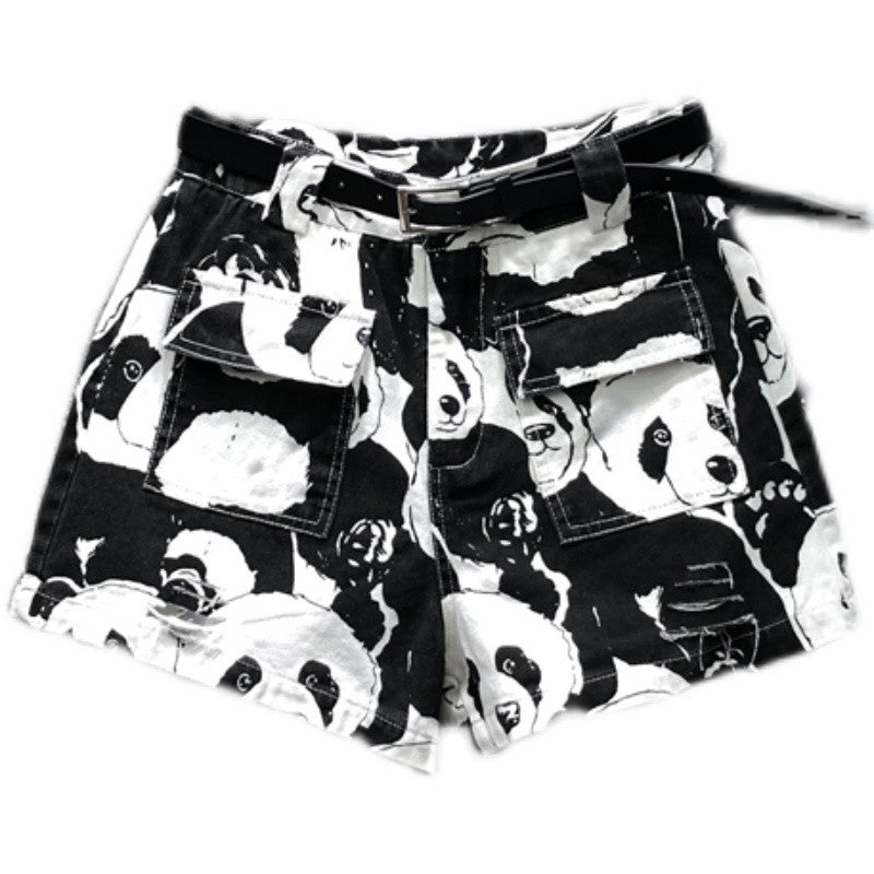 Panda print casual denim shorts women high waist patch pocket pants