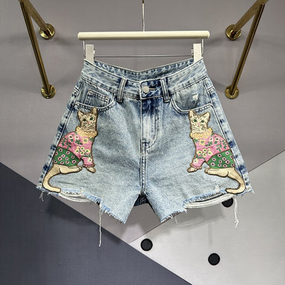 Cat embroidered patch denim shorts women high waist ripped wide leg short pants