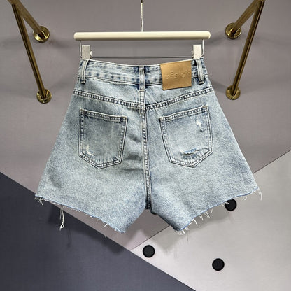 Cat embroidered patch denim shorts women high waist ripped wide leg short pants