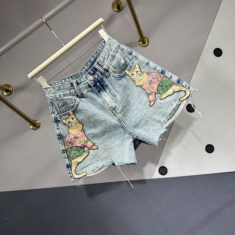 Cat embroidered patch denim shorts women high waist ripped wide leg short pants