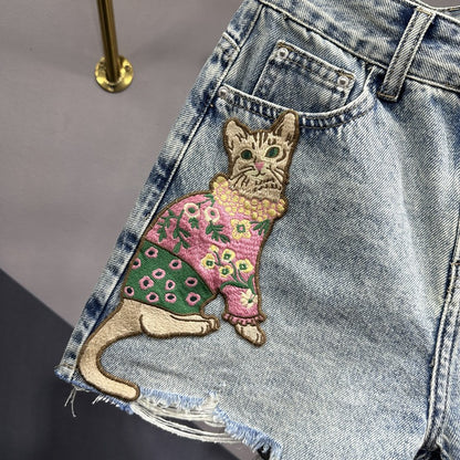 Cat embroidered patch denim shorts women high waist ripped wide leg short pants