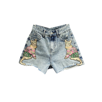 Cat embroidered patch denim shorts women high waist ripped wide leg short pants