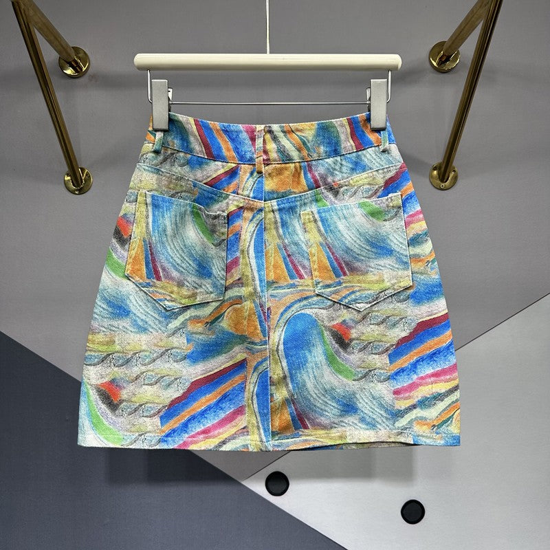 Printed denim skirt women summer all-match high waist skirt