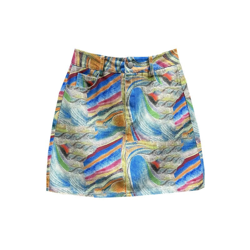 Printed denim skirt women summer all-match high waist skirt