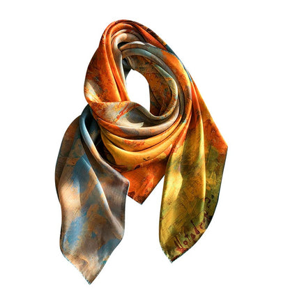 Oil painting satin silk scarf women dual-purpose square scarf