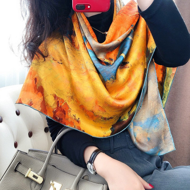 Oil painting satin silk scarf women dual-purpose square scarf