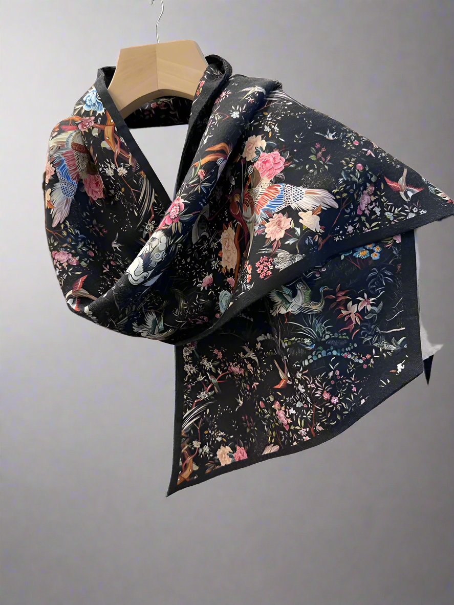 Flower jungle Double-layer double-sided silk wool scarf women ribbon scarf