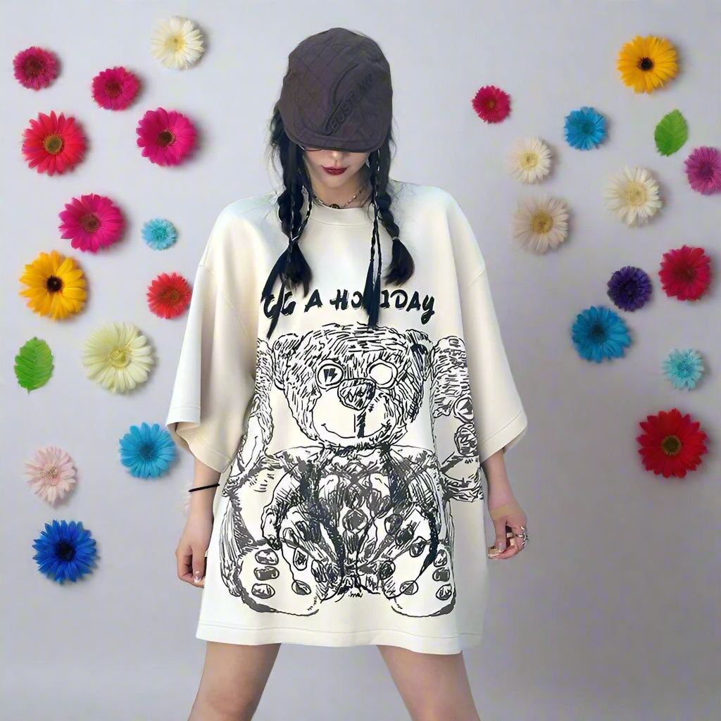 GG fashion brand three-quarter sleeve big bear hand-painted graffiti T-shirt