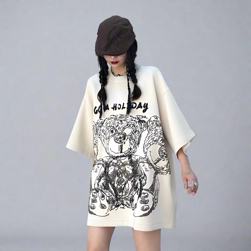 GG fashion brand three-quarter sleeve big bear hand-painted graffiti T-shirt