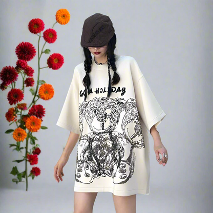 GG fashion brand three-quarter sleeve big bear hand-painted graffiti T-shirt