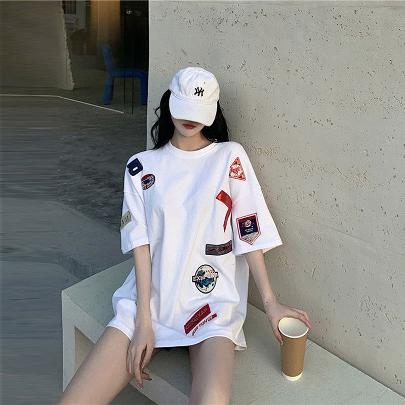 White oversize pure cotton t-shirt women summer medium-length top