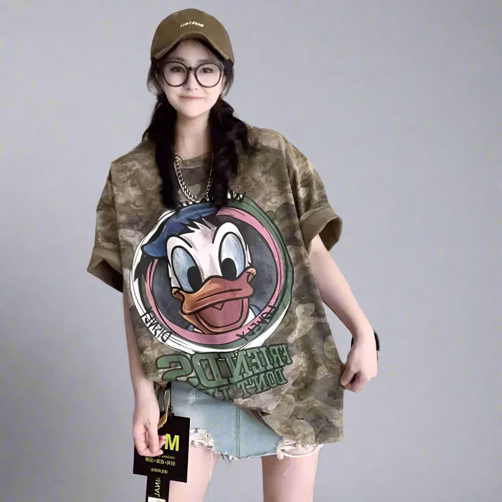 Mid-length oversize camouflage duck short-sleeved T-shirt female