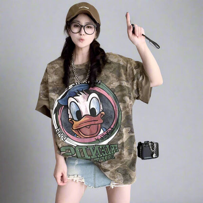 Mid-length oversize camouflage duck short-sleeved T-shirt female