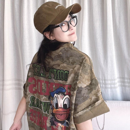 Mid-length oversize camouflage duck short-sleeved T-shirt female