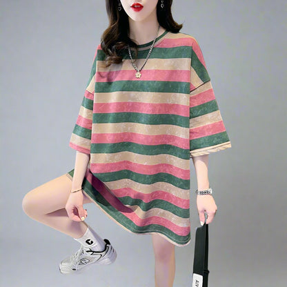 Striped green pink short-sleeved T-shirt women oversize top