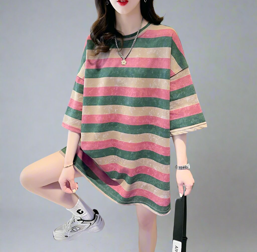 Striped green pink short-sleeved T-shirt women oversize top