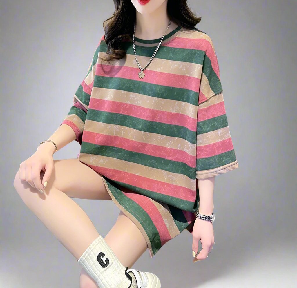 Striped green pink short-sleeved T-shirt women oversize top