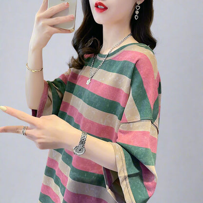 Striped green pink short-sleeved T-shirt women oversize top