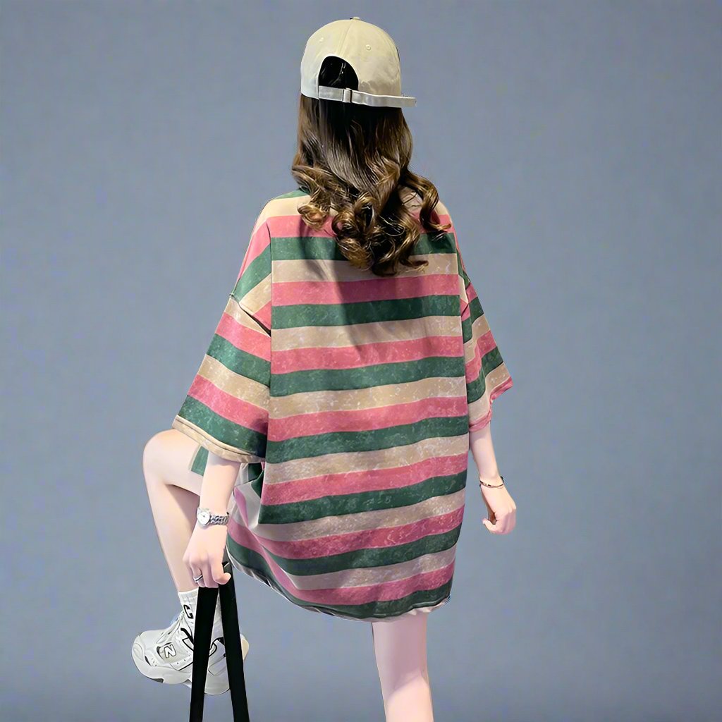 Striped green pink short-sleeved T-shirt women oversize top