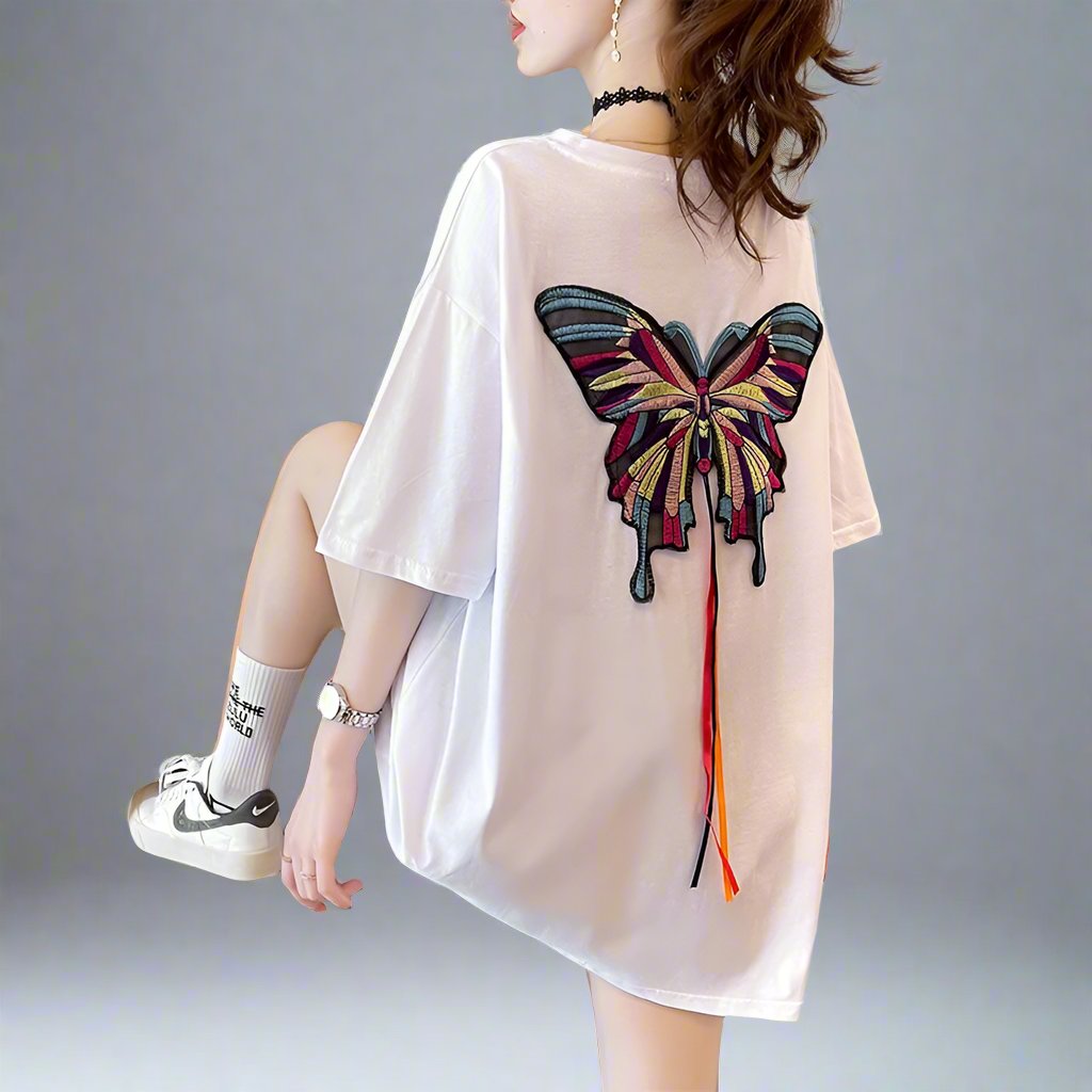 Heavy butterfly embroidery short-sleeved T-shirt women summer chic tops