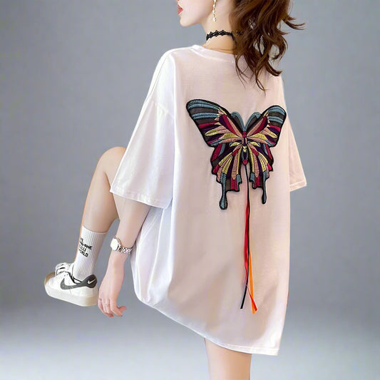 Heavy butterfly embroidery short-sleeved T-shirt women summer chic tops