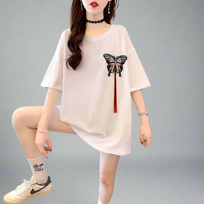 Heavy butterfly embroidery short-sleeved T-shirt women summer chic tops