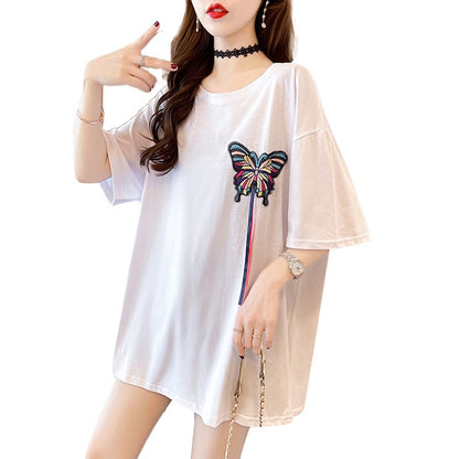 Heavy butterfly embroidery short-sleeved T-shirt women summer chic tops