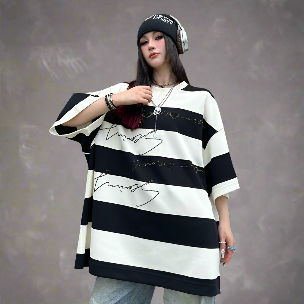 Mid-sleeve thick striped T-shirt women's beaded oversize top