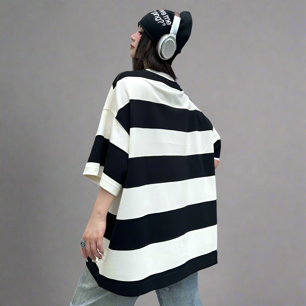 Mid-sleeve thick striped T-shirt women's beaded oversize top