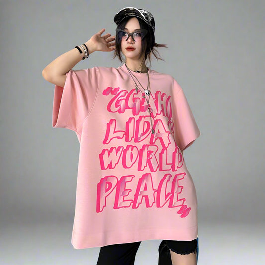 Pink oose large size T-shirt female hip-hop letter street wide top