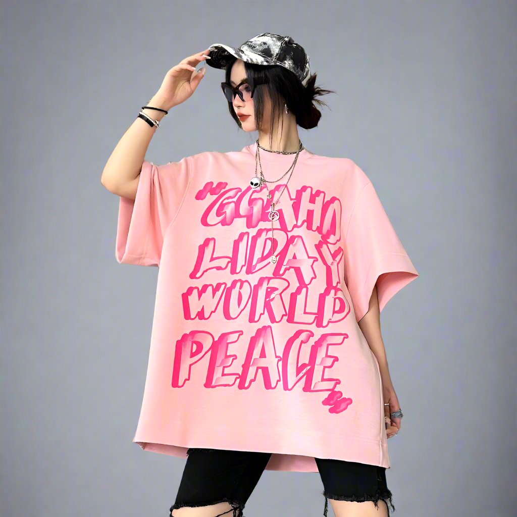 Pink oose large size T-shirt female hip-hop letter street wide top