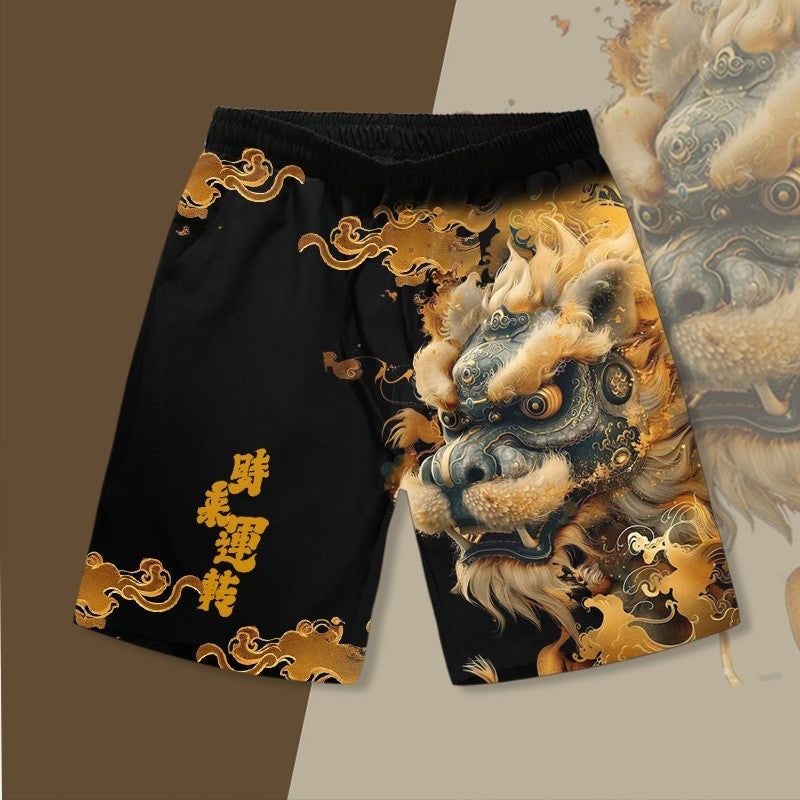 Lion-awakening fortune-bringing shorts for men, large size beach pants