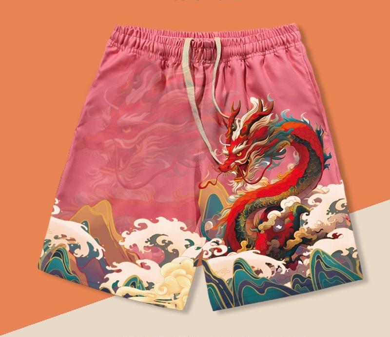 Men shorts printed beach pants large size summer loose straight