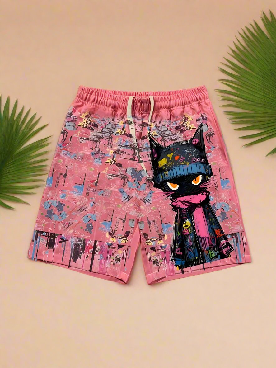 Graffiti cat dopamine shorts summer loose casual beach pants