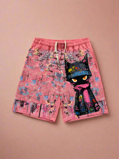 Graffiti cat dopamine shorts summer loose casual beach pants