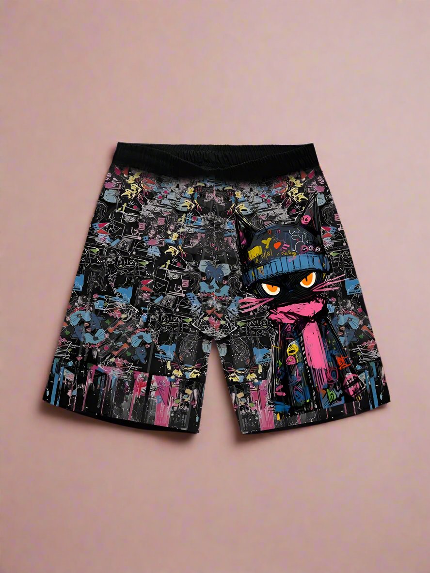 Graffiti cat dopamine shorts summer loose casual beach pants