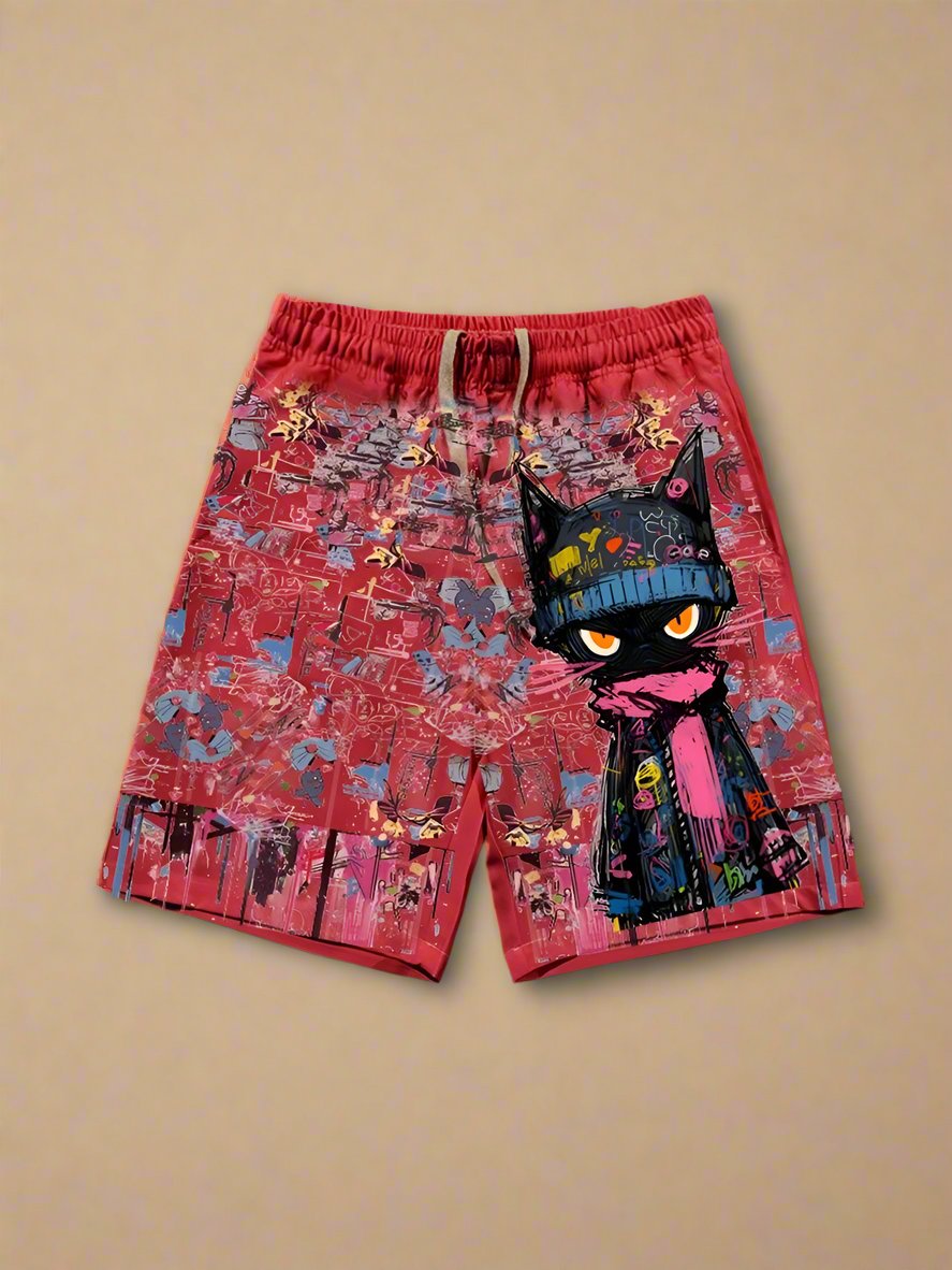 Graffiti cat dopamine shorts summer loose casual beach pants