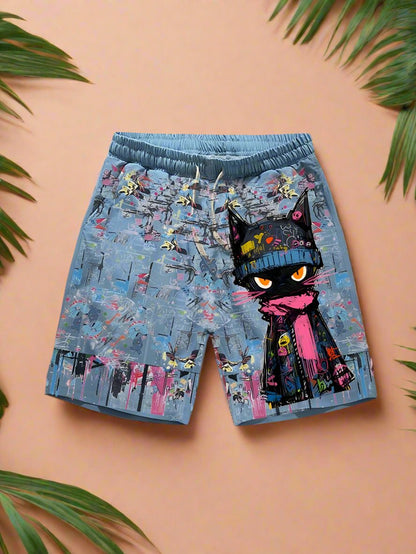 Graffiti cat dopamine shorts summer loose casual beach pants