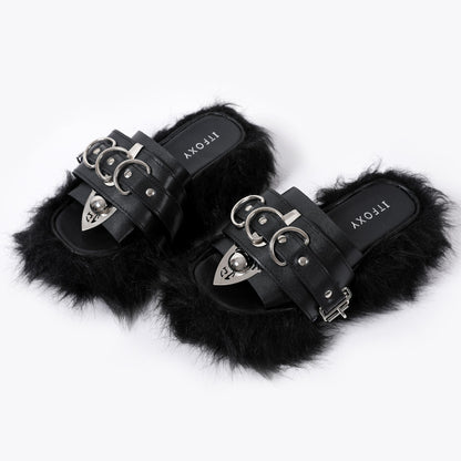 Women's punk subculture furry slippers flip flops