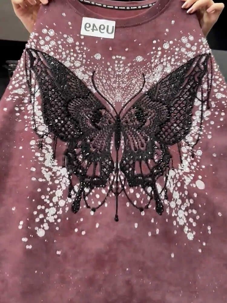 Heavy stitching butterfly T-shirt cotton luxury women top