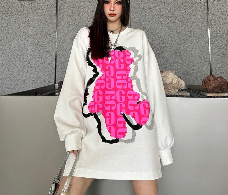 College style long-sleeved round neck sweatshirt women's medium long pink oversize