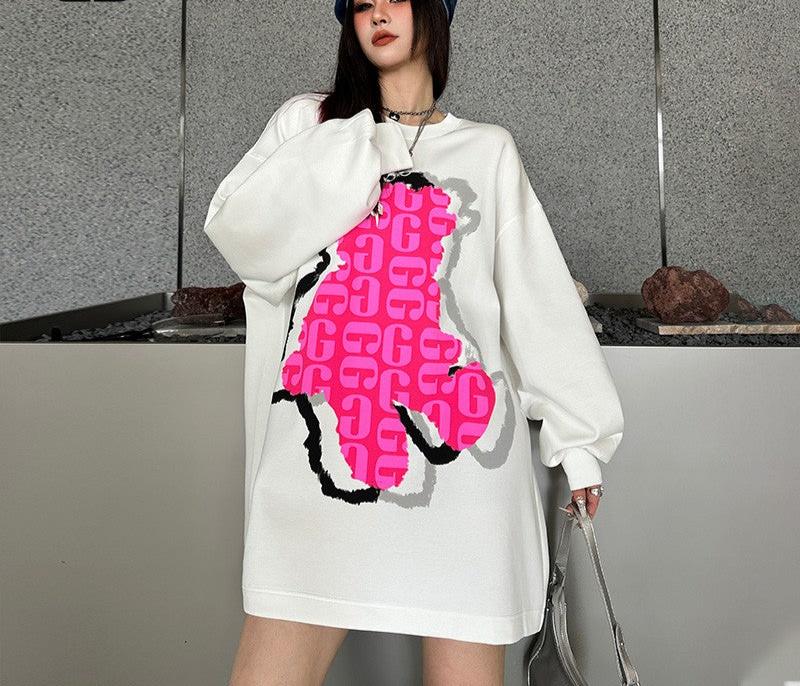 College style long-sleeved round neck sweatshirt women's medium long pink oversize